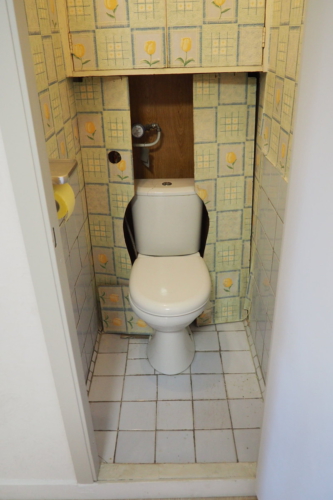 Туалет до ремонта, старая плитка на полу и части стен, обои и неаккуратные панели скрывающие трубы