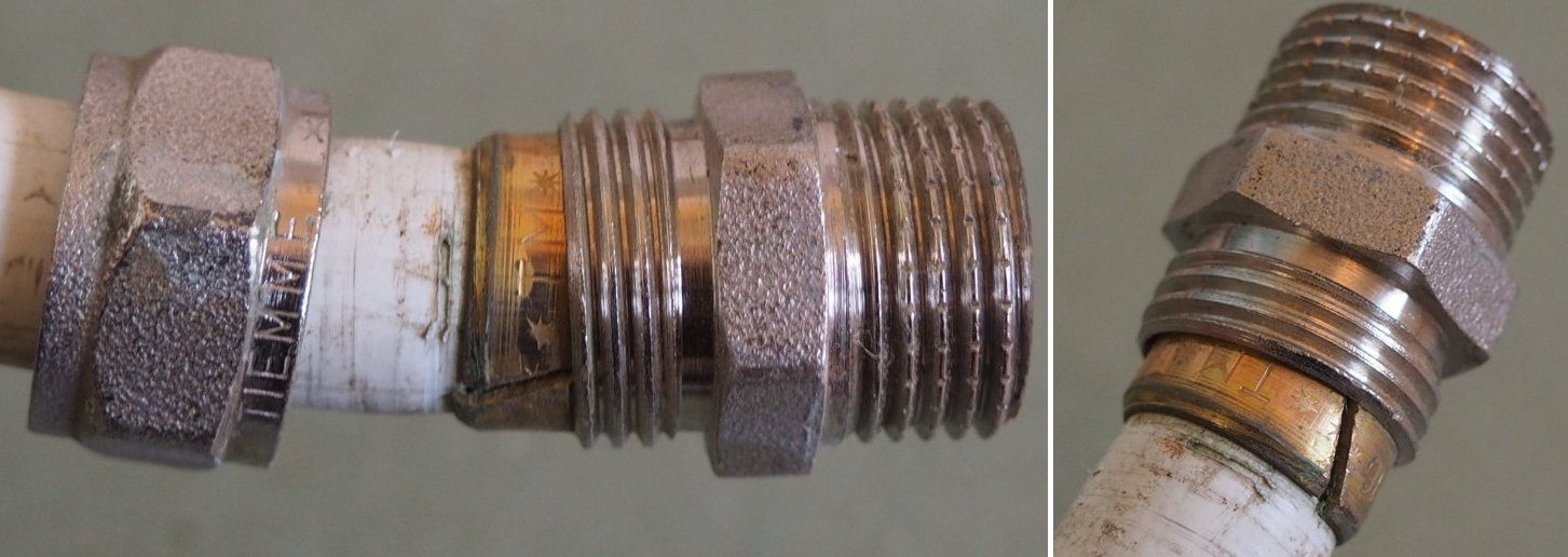 Перекос обжимного кольца на фитинге для металлопластиковых труб