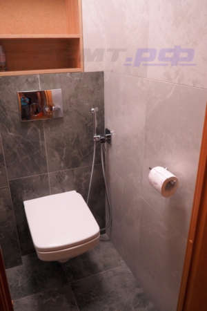 Туалет с новой плиткой, подвесным унитазом и гигиеническим душем в доме 137 серии